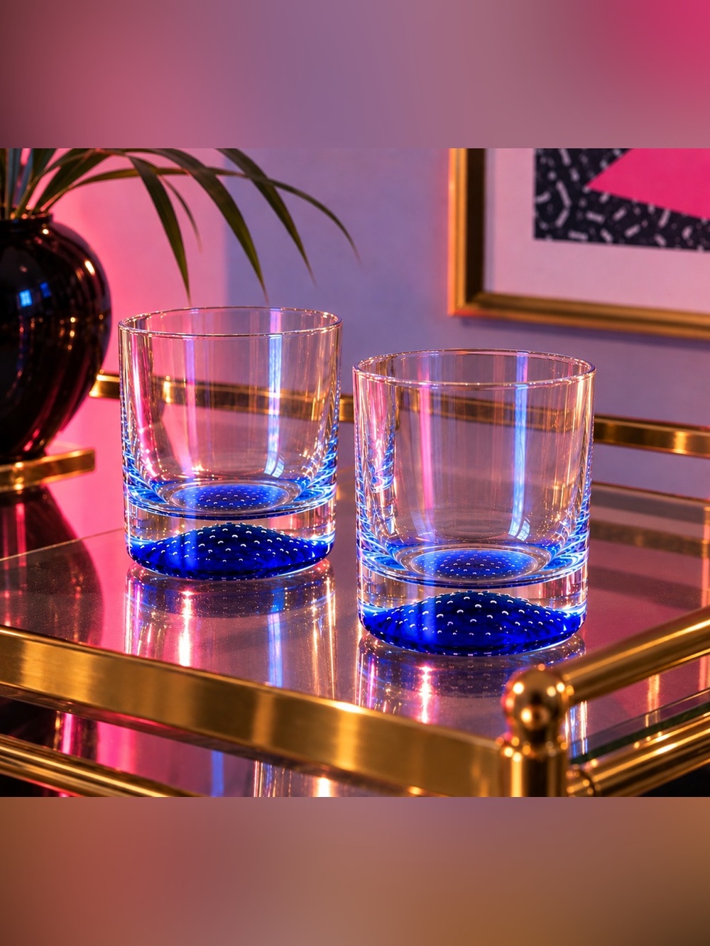 Vintage American Atelier Old Fashioned Rocks Glasses Blue Controlled Bubble 2 Pc